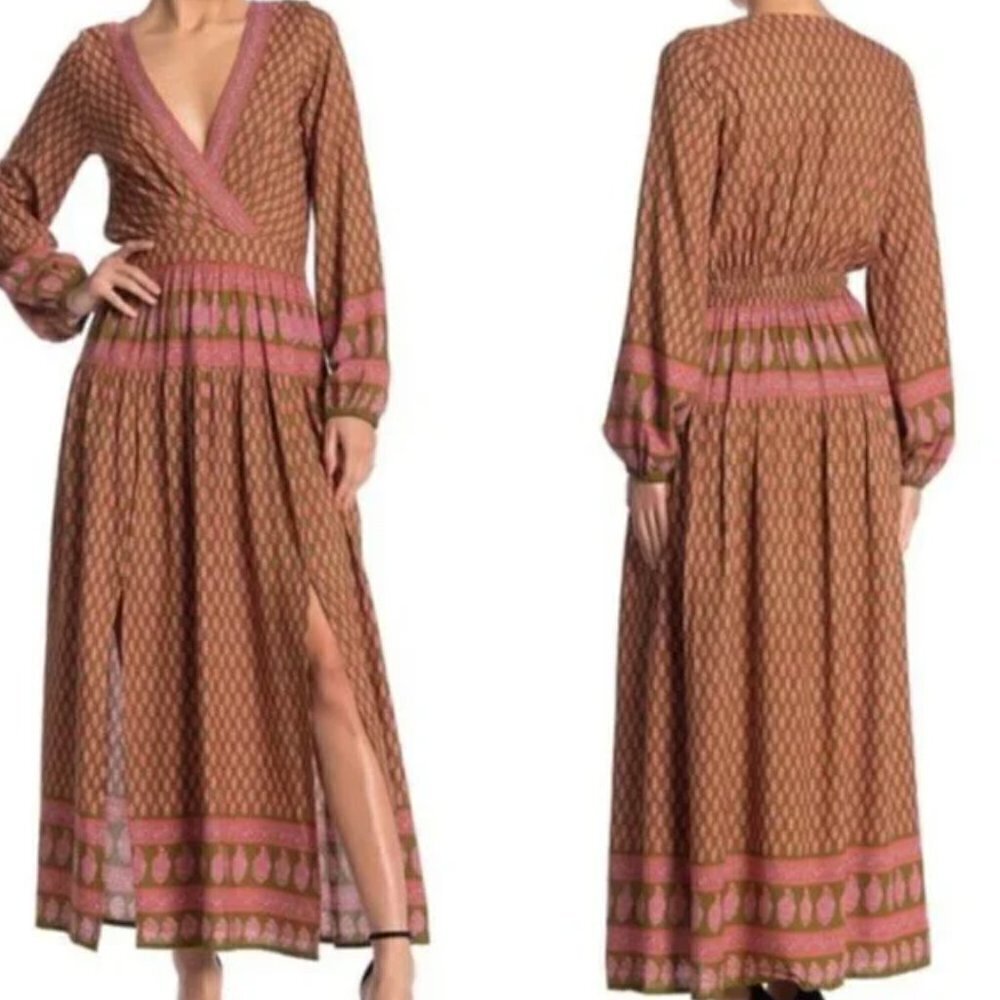 NWT RAGA Avah Geometric Print Split Front Maxi Dress